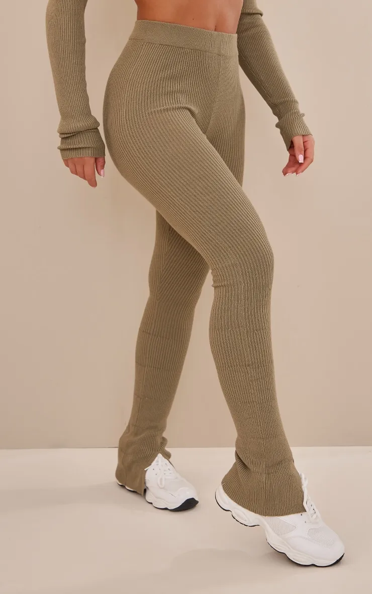 Khaki Knitted Split Hem Flare Trousers sold by Pretty Little Thing product image thumbnail 2