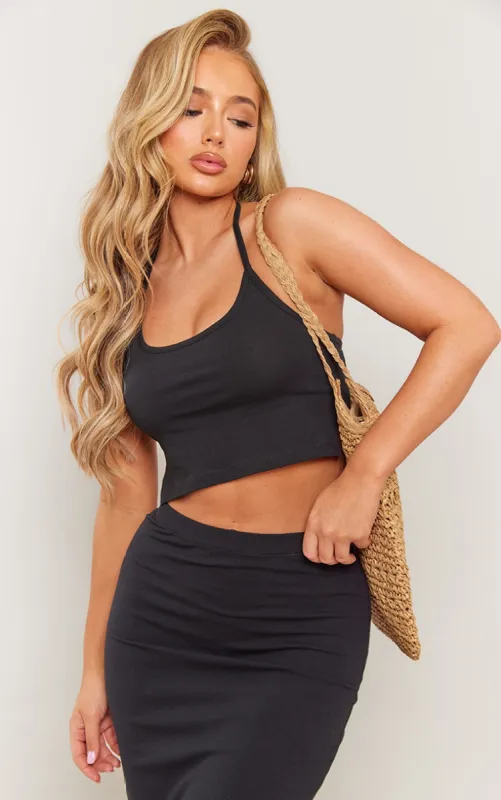 Black Cotton Halterneck Split Hem Cami Top sold by Pretty Little Thing