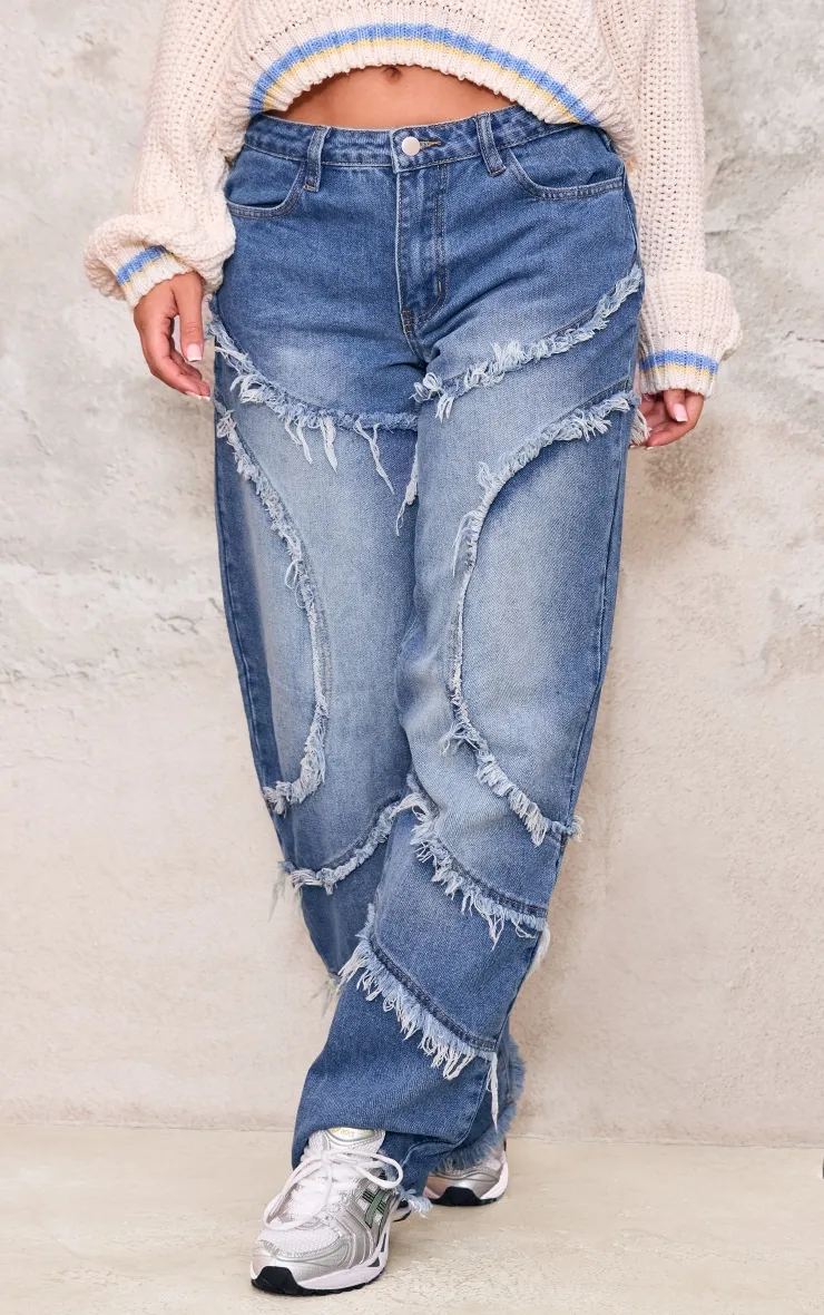 Vintage Mid Wash Asymmetric Frayed Detail Mid Rise Straight Leg Jeans sold by Pretty Little Thing product image thumbnail 2
