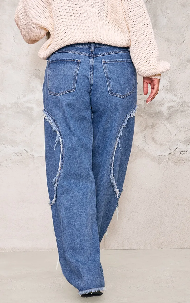 Vintage Mid Wash Asymmetric Frayed Detail Mid Rise Straight Leg Jeans sold by Pretty Little Thing product image thumbnail 3