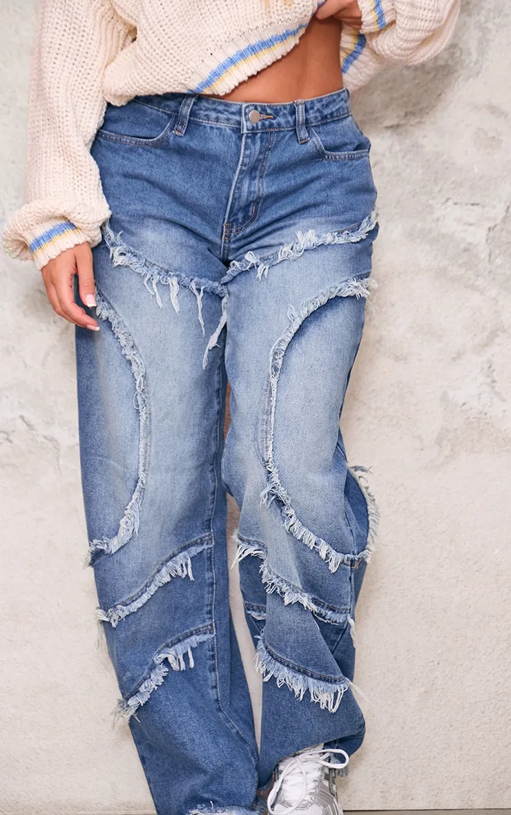 Vintage Mid Wash Asymmetric Frayed Detail Mid Rise Straight Leg Jeans sold by Pretty Little Thing product image thumbnail 4