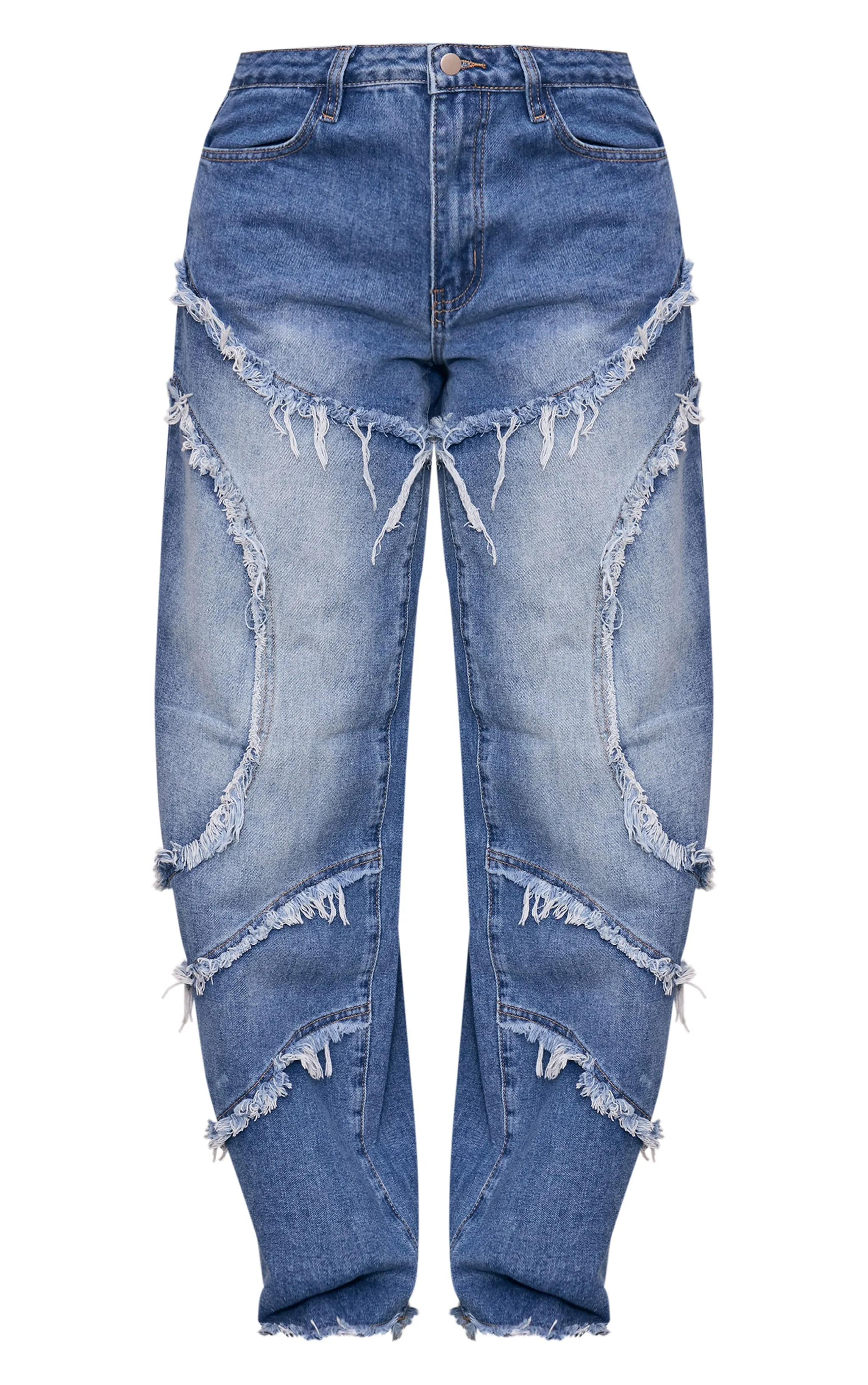 Vintage Mid Wash Asymmetric Frayed Detail Mid Rise Straight Leg Jeans sold by Pretty Little Thing product image thumbnail 5