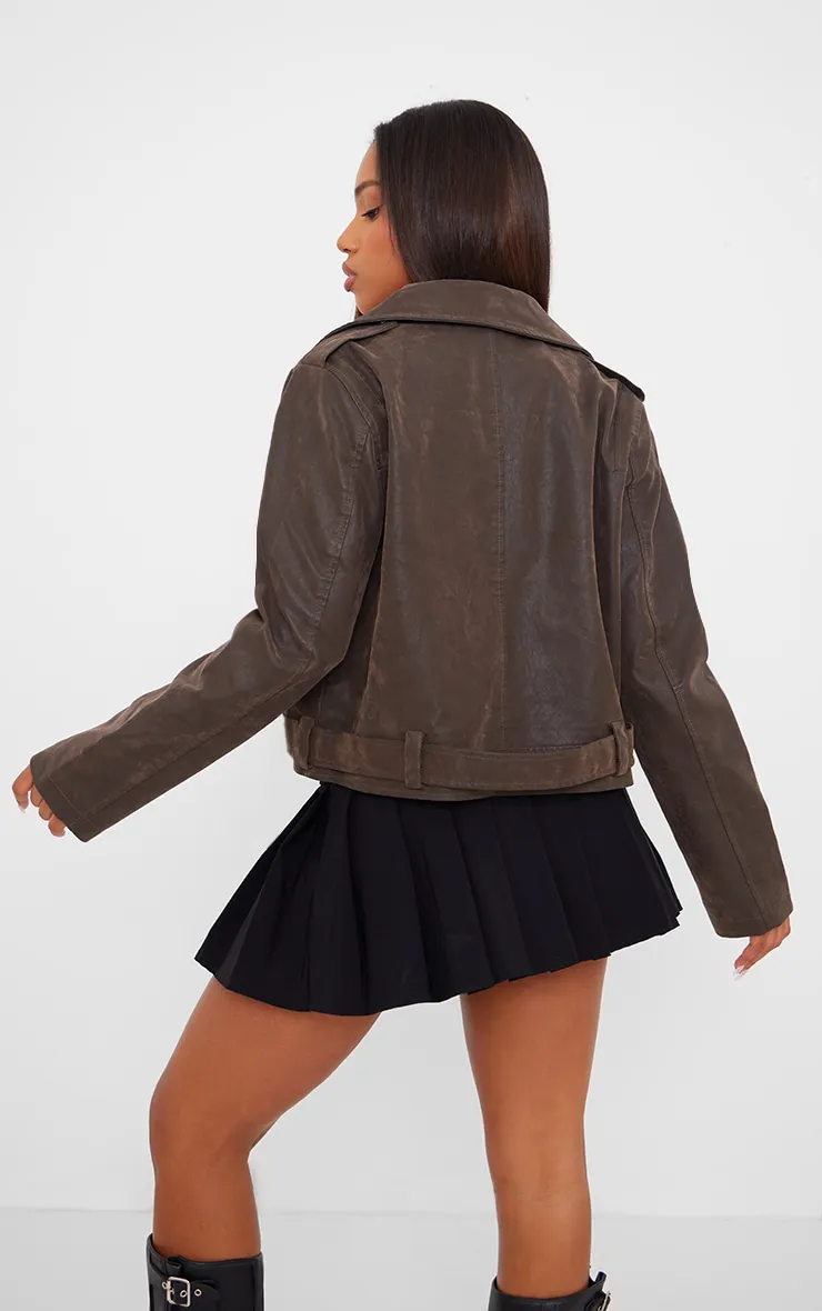 Brown Soft Faux Leather Flower Detail Crop Jacket sold by Pretty Little Thing product image thumbnail 2