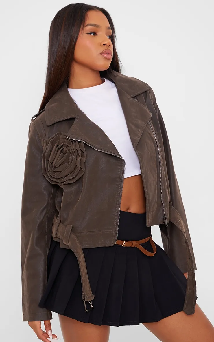 Brown Soft Faux Leather Flower Detail Crop Jacket sold by Pretty Little Thing product image thumbnail 3