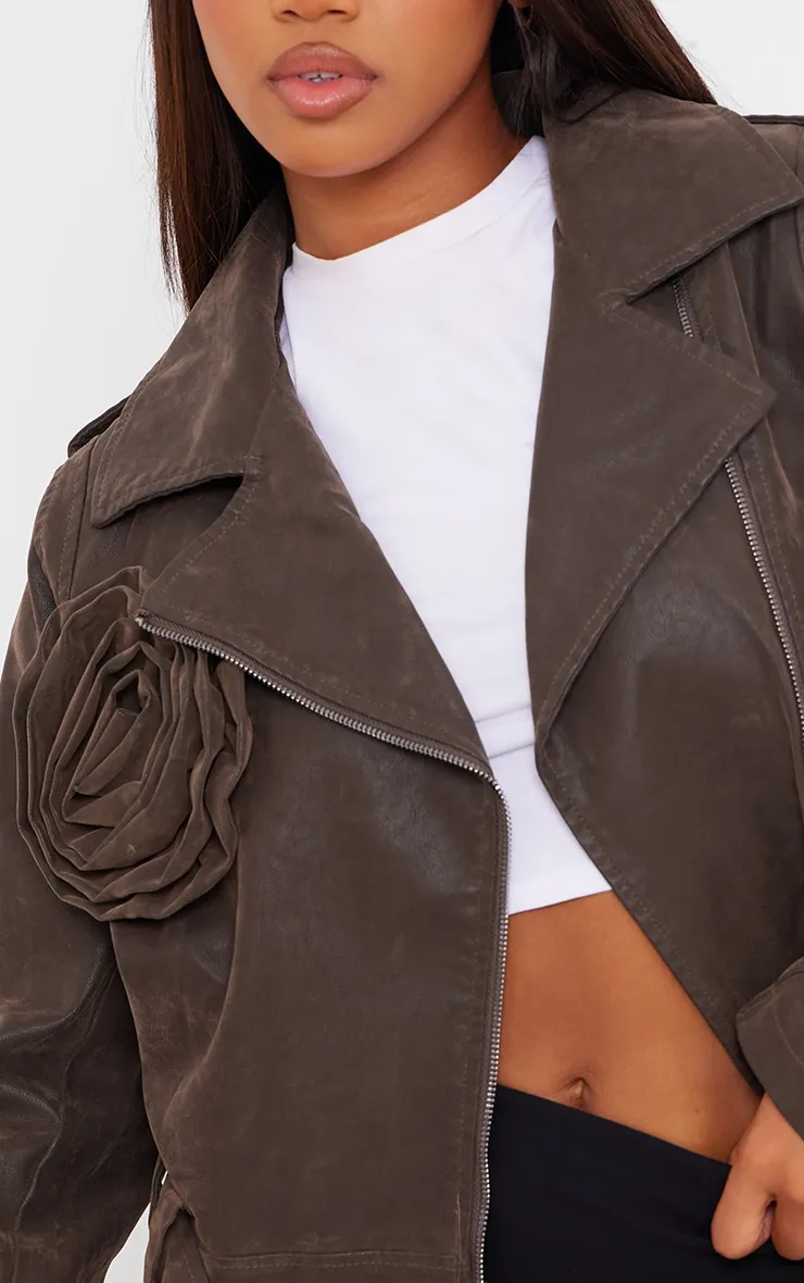 Brown Soft Faux Leather Flower Detail Crop Jacket sold by Pretty Little Thing product image thumbnail 4