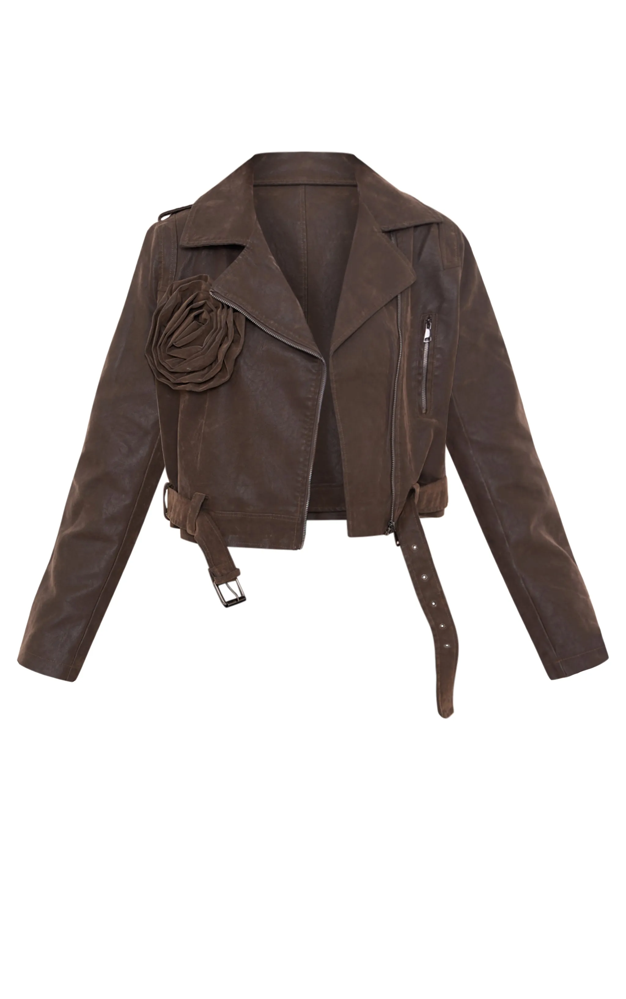 Brown Soft Faux Leather Flower Detail Crop Jacket sold by Pretty Little Thing product image thumbnail 5