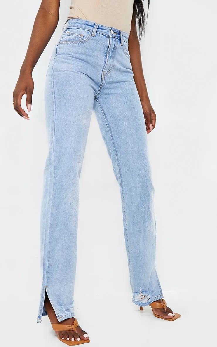 Tall Light Blue Wash Ripped Detail Split Hem Straight Leg Jeans sold by Pretty Little Thing product image thumbnail 2