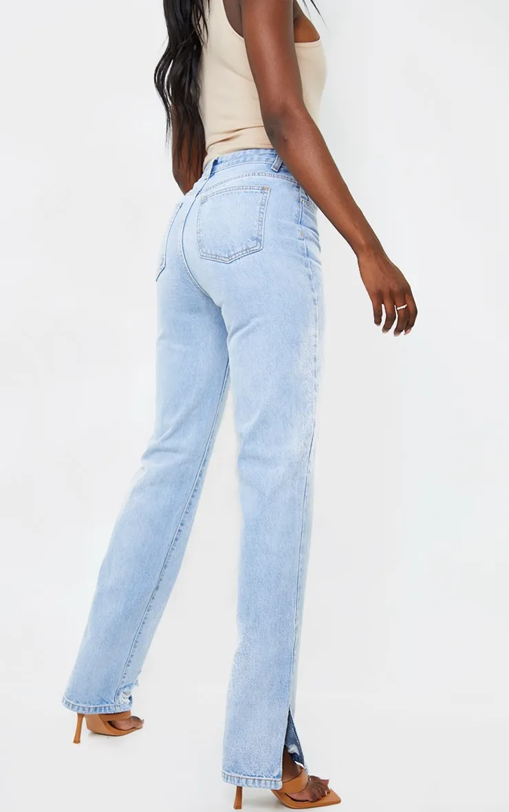 Tall Light Blue Wash Ripped Detail Split Hem Straight Leg Jeans sold by Pretty Little Thing product image thumbnail 3