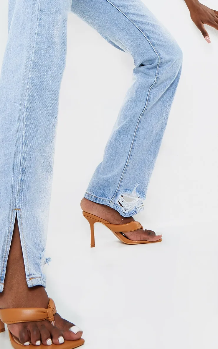 Tall Light Blue Wash Ripped Detail Split Hem Straight Leg Jeans sold by Pretty Little Thing product image thumbnail 4