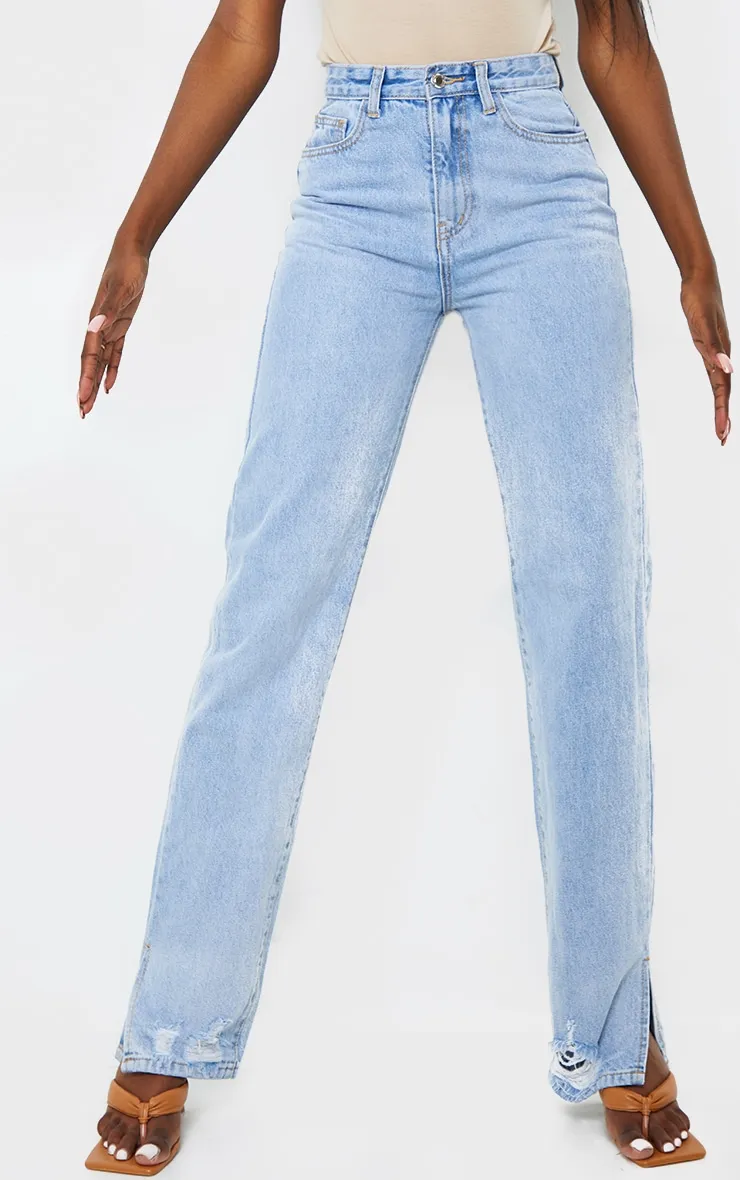 Tall Light Blue Wash Ripped Detail Split Hem Straight Leg Jeans sold by Pretty Little Thing product image thumbnail 5