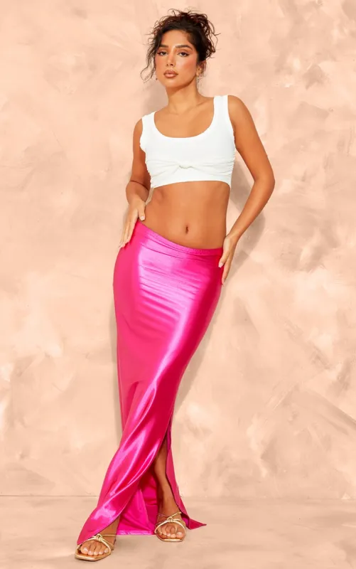 Petite Hot Pink Stretch Satin Split Side Maxi Skirt sold by Pretty Little Thing
