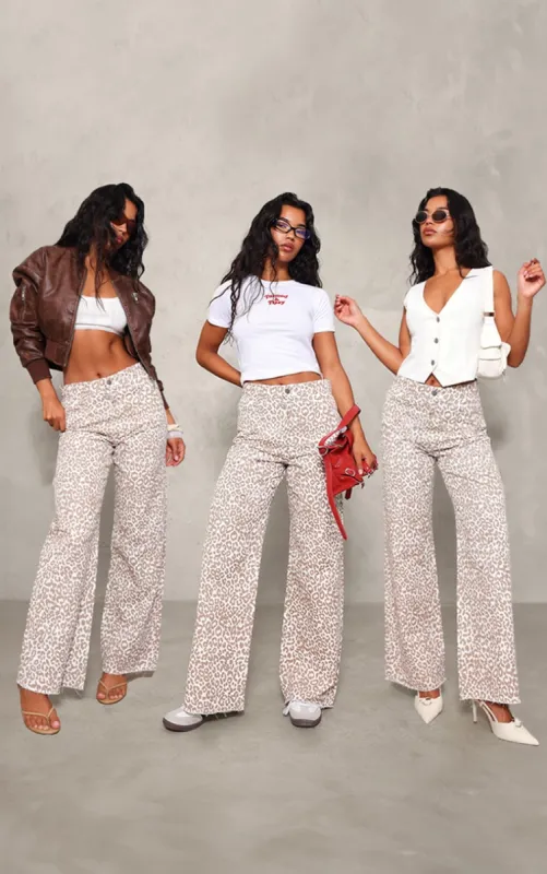 Beige Leopard Print Wide Leg Jeans sold by Pretty Little Thing