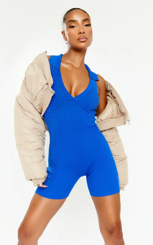 Blue Collared Rib Knit Unitard sold by Pretty Little Thing