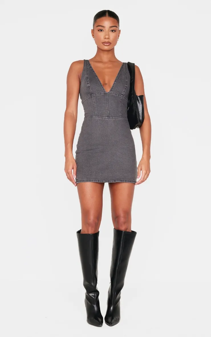 Washed Grey Plunge Corset Style Denim Mini Dress sold by Pretty Little Thing