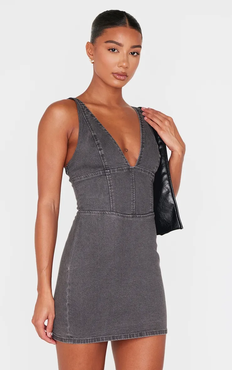 Washed Grey Plunge Corset Style Denim Mini Dress sold by Pretty Little Thing product image thumbnail 3