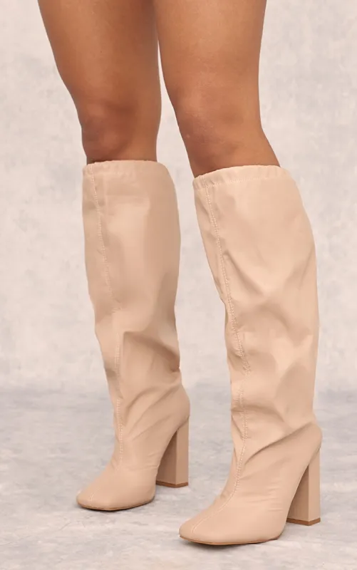 Beige Wide Fit PU Square Toe Knee High Block Heel Toggle Boots sold by Pretty Little Thing