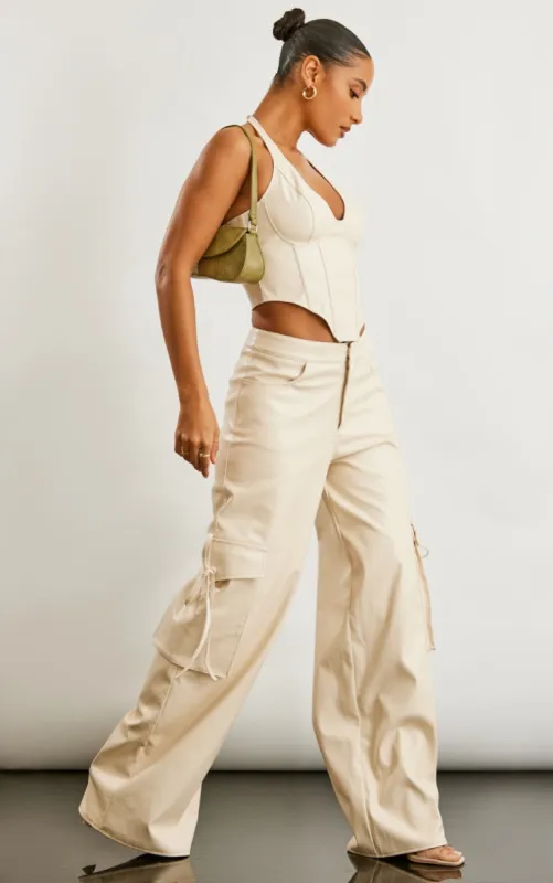 Stone Faux Leather Wide Leg Cargo Trousers sold by Pretty Little Thing
