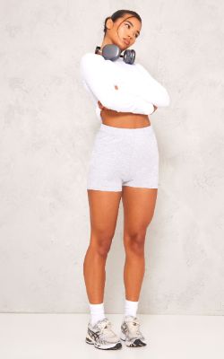 Basic Grey Cotton Blend High Waist Hot Pants sold by Pretty Little Thing