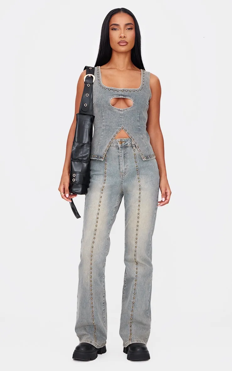 Vintage Washed Front Seam Studded Flared Jeans sold by Pretty Little Thing