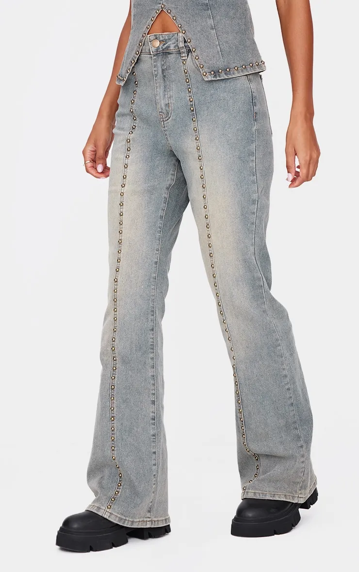 Vintage Washed Front Seam Studded Flared Jeans sold by Pretty Little Thing product image thumbnail 2