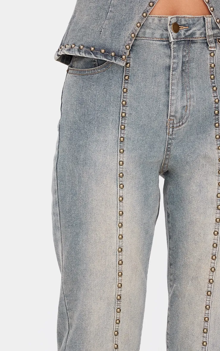 Vintage Washed Front Seam Studded Flared Jeans sold by Pretty Little Thing product image thumbnail 4