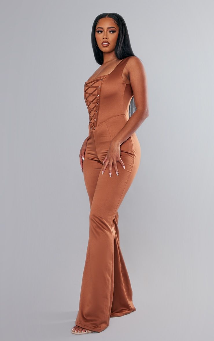 Rust Satin Lace Up Boned Strappy Wide Leg Jumpsuit sold by Pretty Little Thing product image thumbnail 3