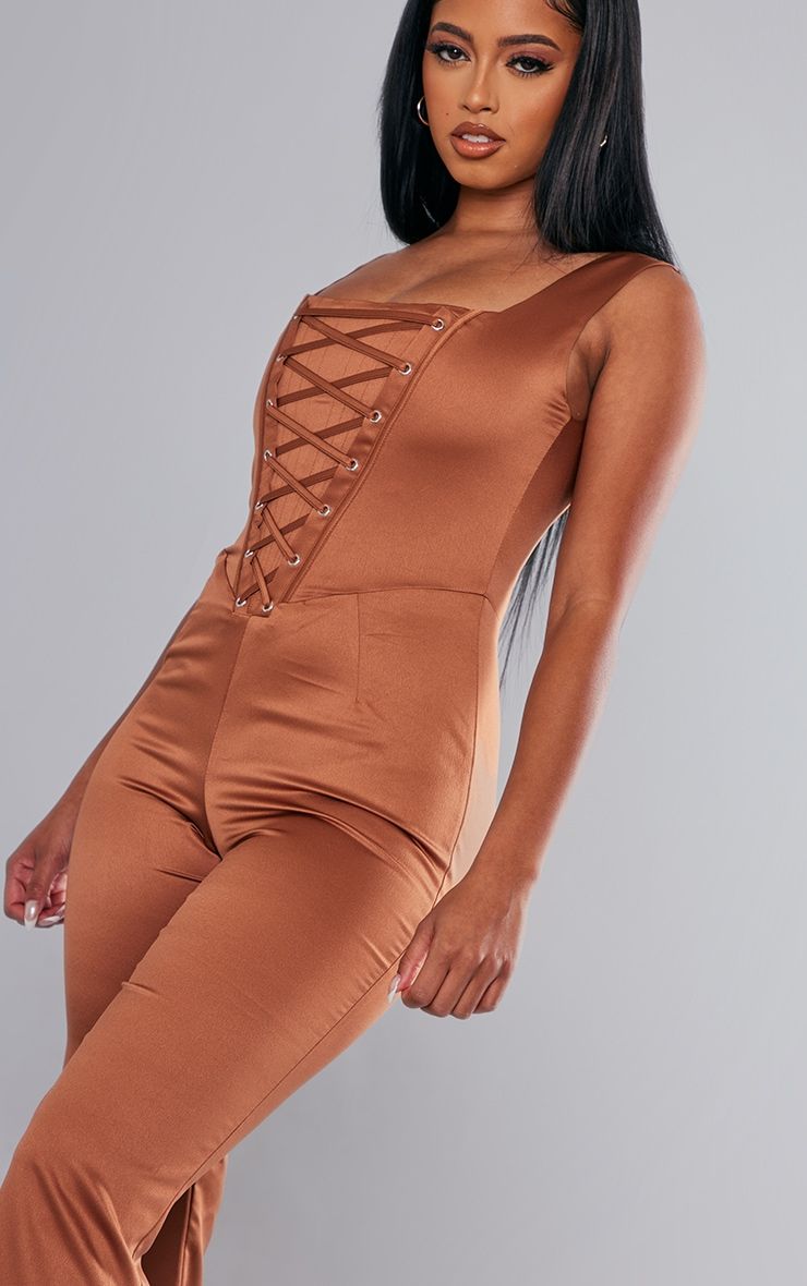 Rust Satin Lace Up Boned Strappy Wide Leg Jumpsuit sold by Pretty Little Thing product image thumbnail 4