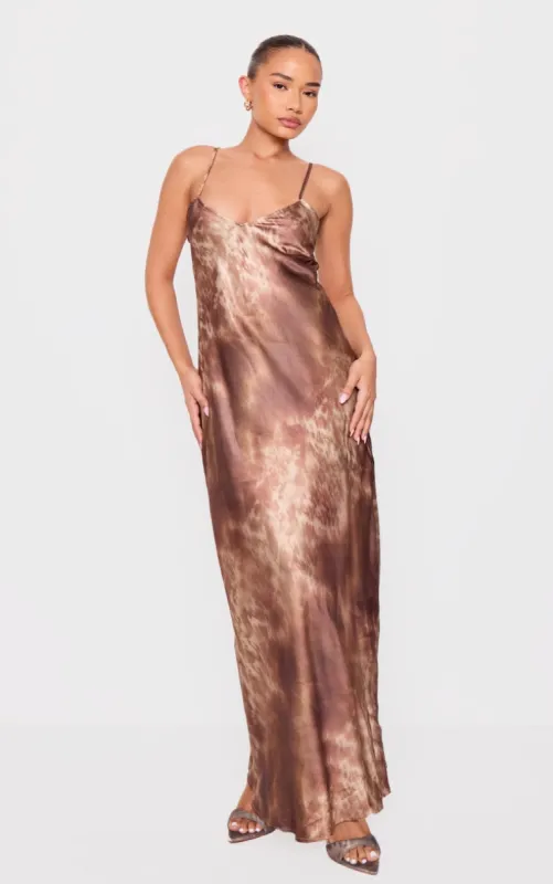 Petite Chocolate Satin Open Back Maxi Dress sold by Pretty Little Thing