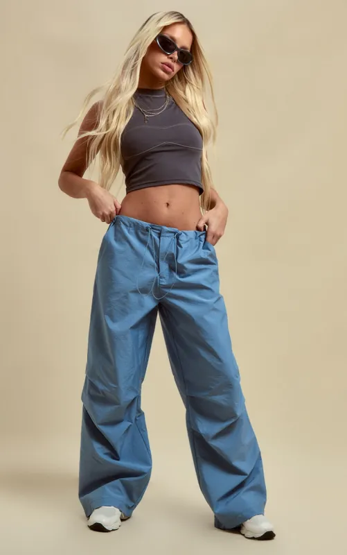Grey Nylon Low Rise Drawstring Tie Waist Cargos made by Pretty Little Thing