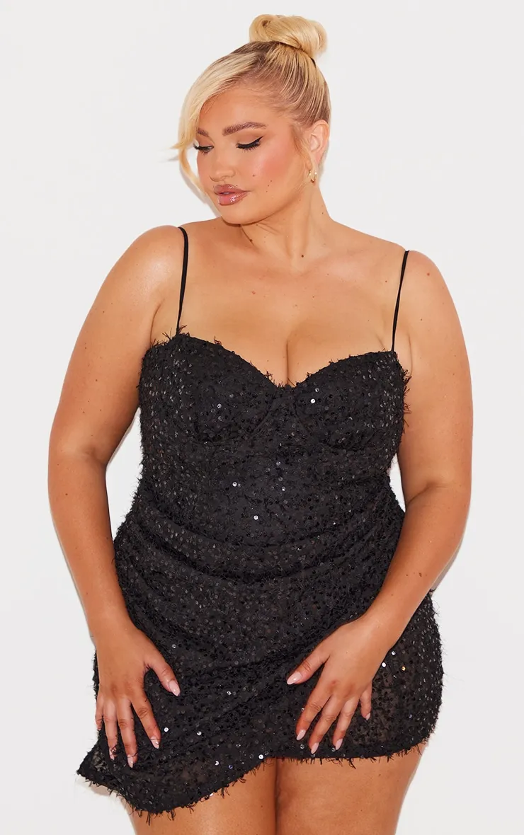 Plus Deep Black Sequin Feather Drape Mini Dress sold by Pretty Little Thing product image thumbnail 3