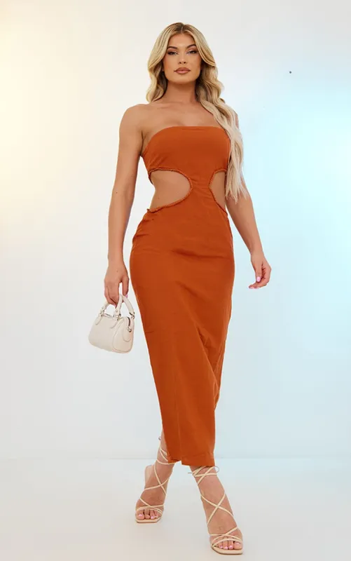Rust Linen Bandeau Side Cut Out Maxi Dress sold by Pretty Little Thing