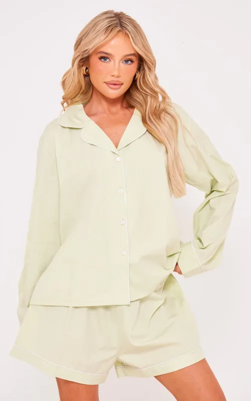 Sage Green Cotton Poplin Piping Long Sleeve Shirt And Short PJ Set sold by Pretty Little Thing
