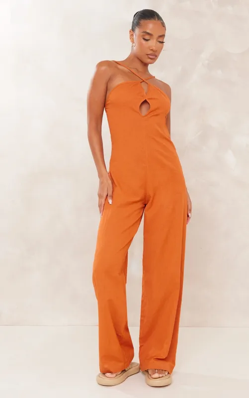 Rust Linen Look Oversized Cross Neck Wide Leg Jumpsuit sold by Pretty Little Thing