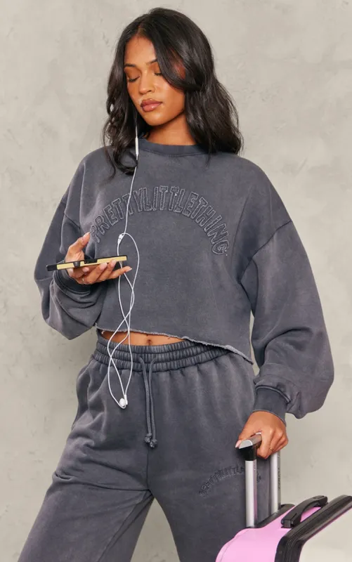 PRETTYLITTLETHING Tall Charcoal Blue Distressed Varsity Cropped Sweatshirt sold by Pretty Little Thing