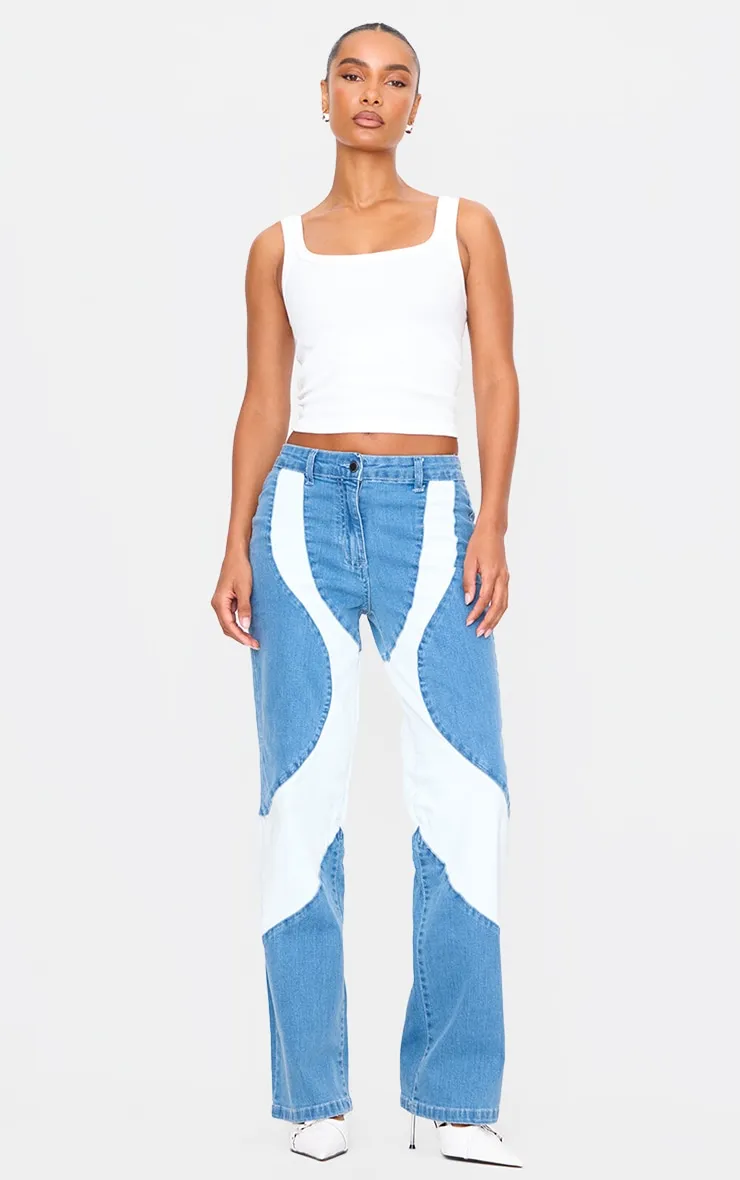 Light Blue Contrast Panel Detail Straight Leg Jeans sold by Pretty Little Thing