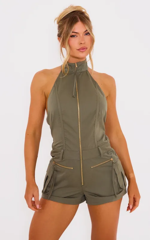 Khaki Cargo Pocket Detail Halter Neck Playsuit sold by Pretty Little Thing