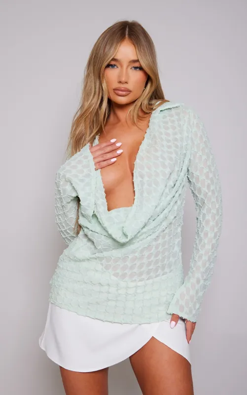 Sage Textured Woven Plunge Split Sleeve Shirt sold by Pretty Little Thing