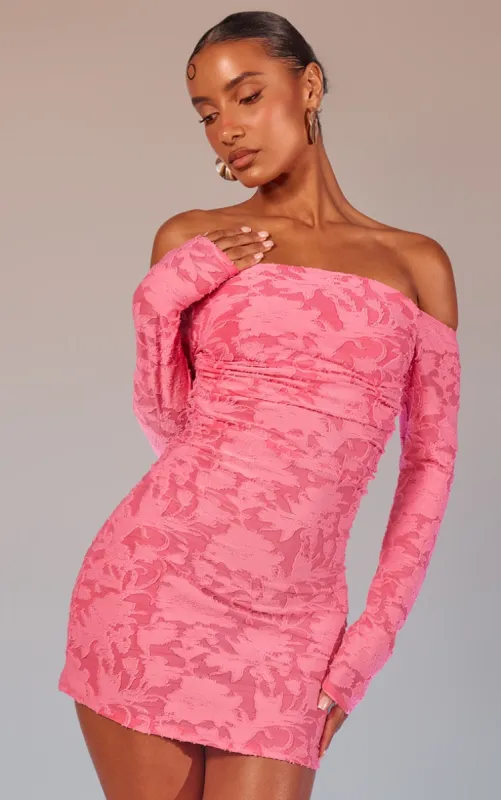 Hot Pink Floral Sheer Burnout Bardot Bodycon Dress sold by Pretty Little Thing