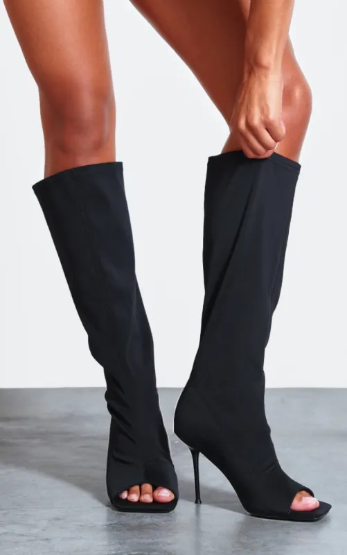 Black Peep Toe Wide Fit High Stiletto Knee High Boots sold by Pretty Little Thing