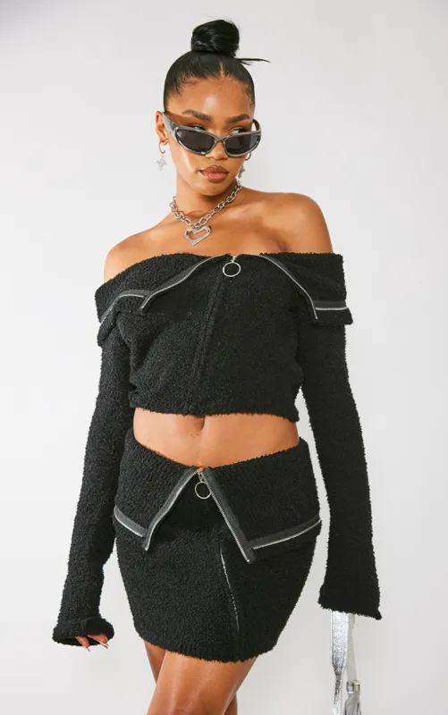  Black Fluffy Knit Fold Over Zipped Crop Jacket sold by Pretty Little Thing