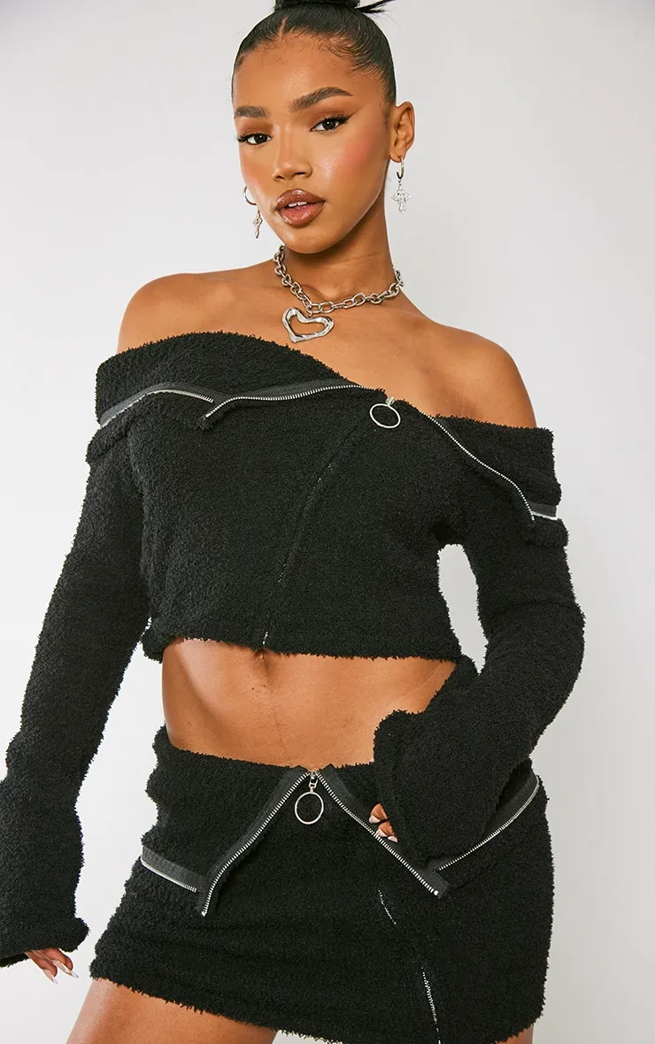 Black Fluffy Knit Fold Over Zipped Crop Jacket sold by Pretty Little Thing product image thumbnail 4