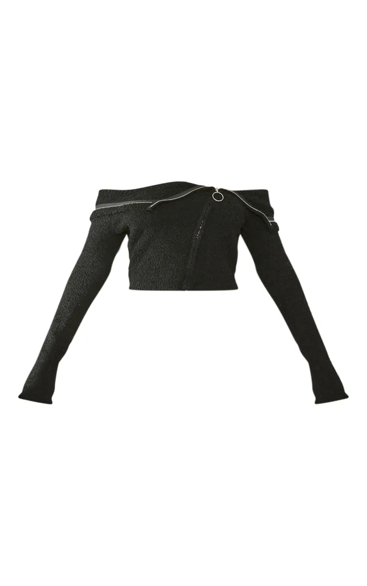 Black Fluffy Knit Fold Over Zipped Crop Jacket sold by Pretty Little Thing product image thumbnail 5