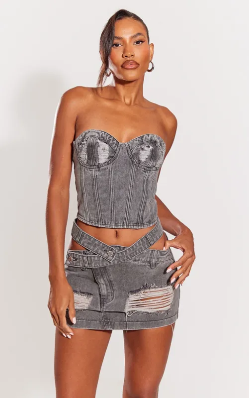 Washed Grey Distressed Cup Denim Corset Top sold by Pretty Little Thing
