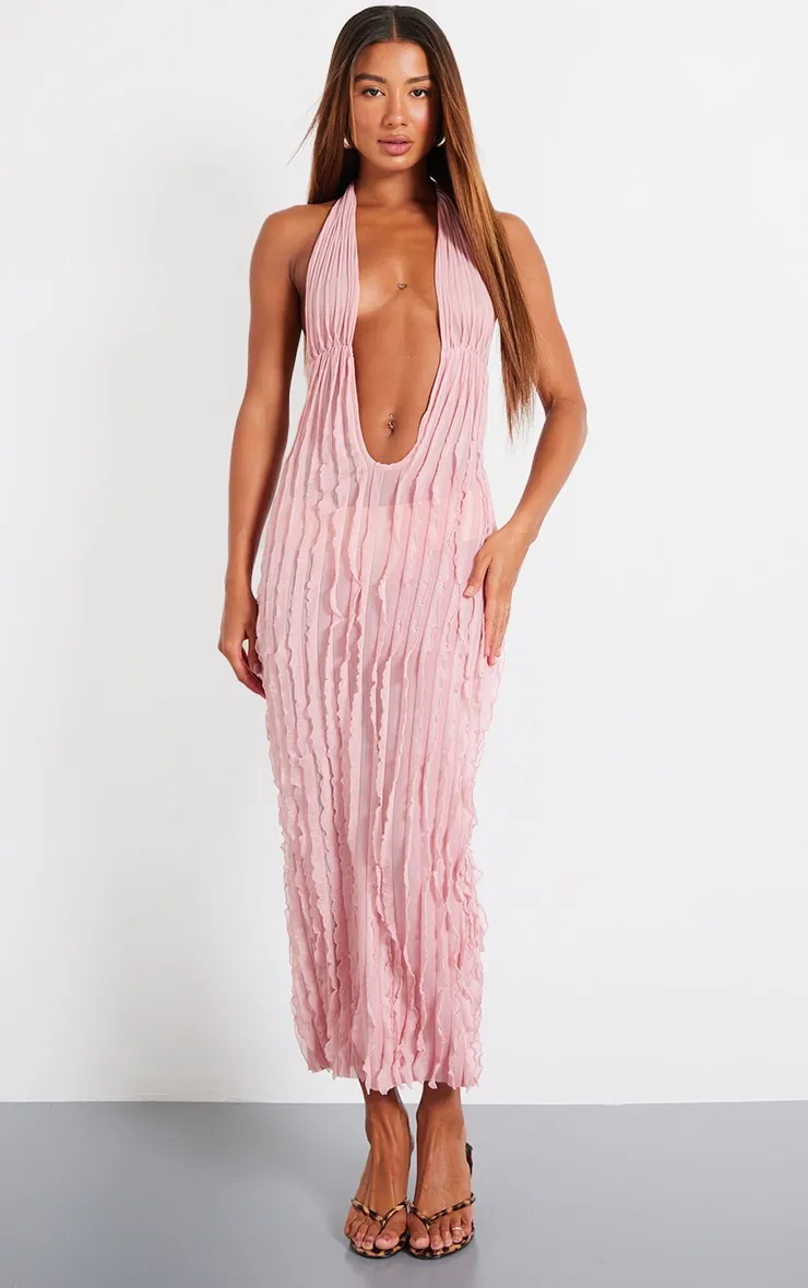 Pink Textured Plunge Front Midi Dress sold by Pretty Little Thing