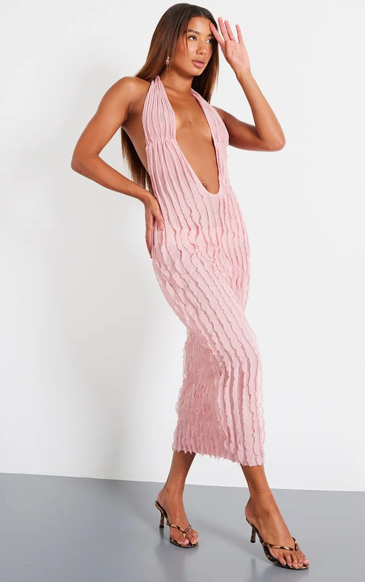 Pink Textured Plunge Front Midi Dress sold by Pretty Little Thing product image thumbnail 3