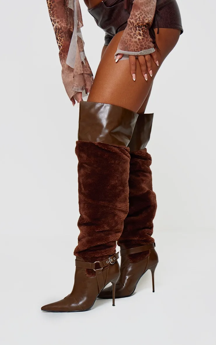 Brown PU Faux Fur Point Toe Over The Knee High Stiletto Heeled Boots sold by Pretty Little Thing product image thumbnail 2