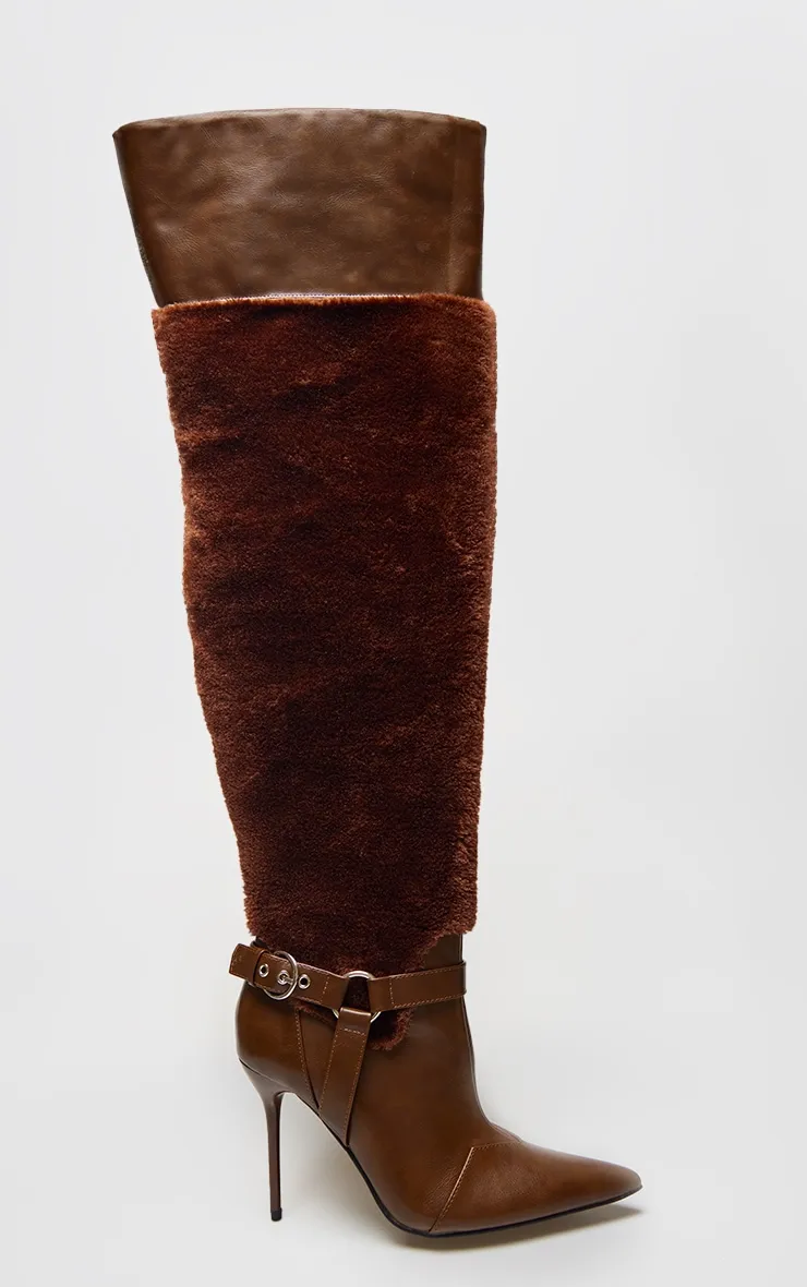 Brown PU Faux Fur Point Toe Over The Knee High Stiletto Heeled Boots sold by Pretty Little Thing product image thumbnail 3