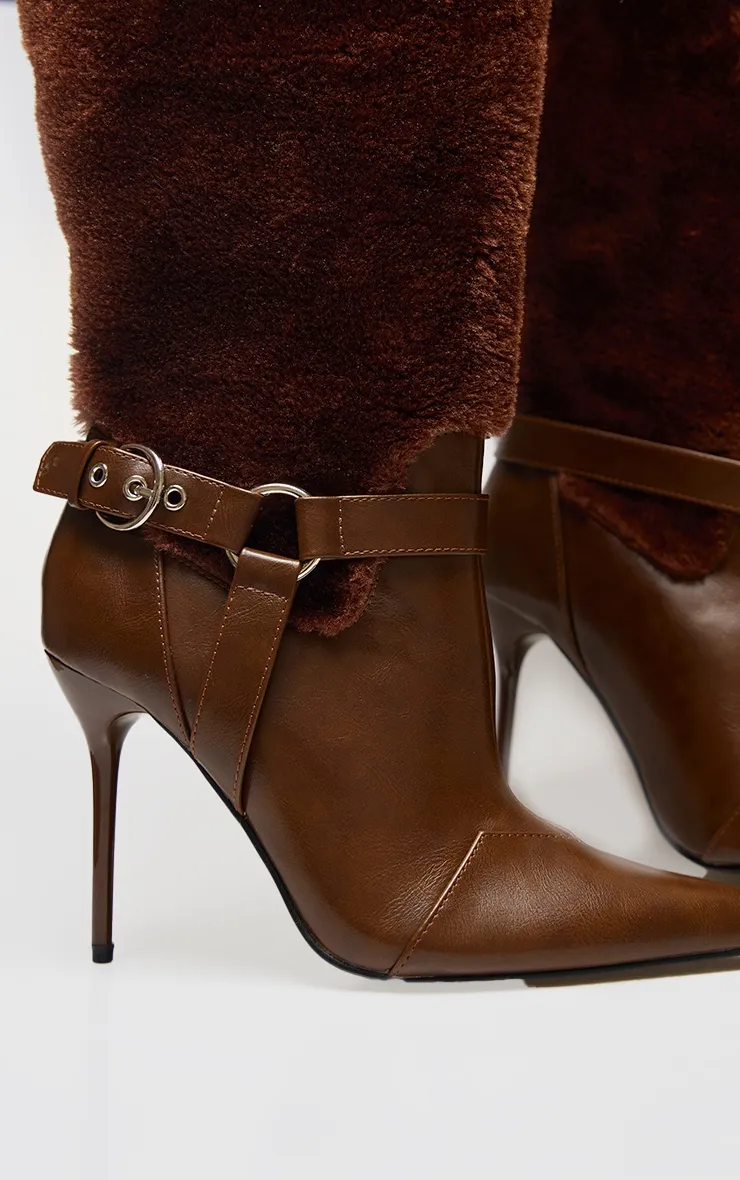 Brown PU Faux Fur Point Toe Over The Knee High Stiletto Heeled Boots sold by Pretty Little Thing product image thumbnail 4