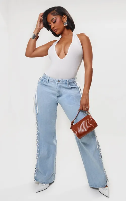 Shape Light Blue Wash Denim Lace Up Detail Wide Leg Jeans sold by Pretty Little Thing
