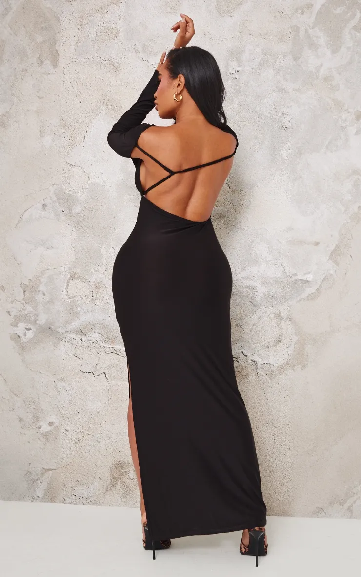 Shape Black Slinky Long Sleeve Cut Out Strap Detail Maxi Dress sold by Pretty Little Thing product image thumbnail 2